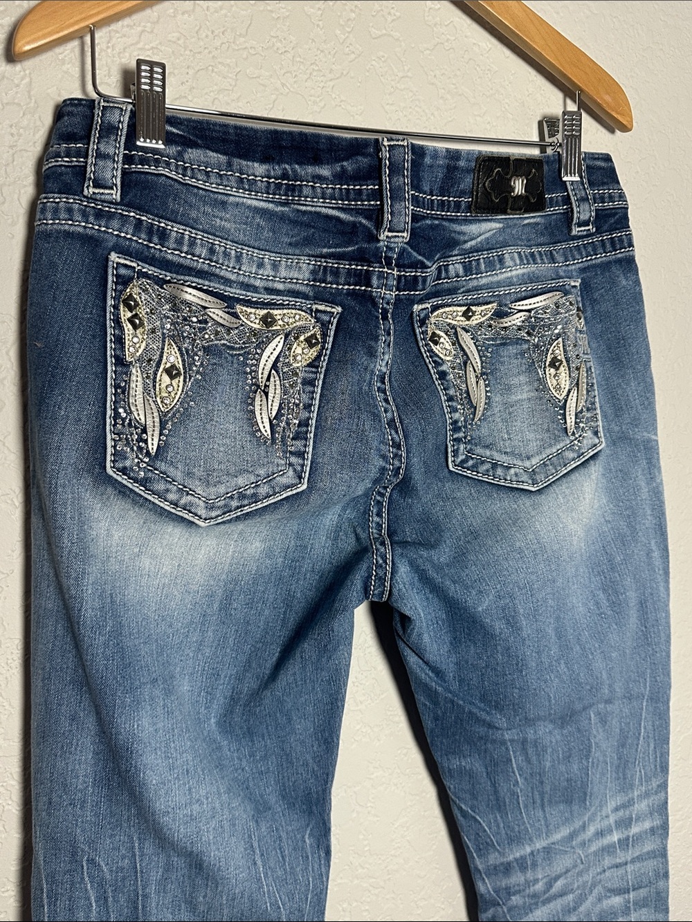 Miss Me Jeans Women's Blue Diamond Studded Pockets Y2K Bling Cowgirl
